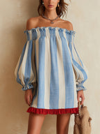 Ondine | Vestido mini de rayas azules con hombros descubiertos