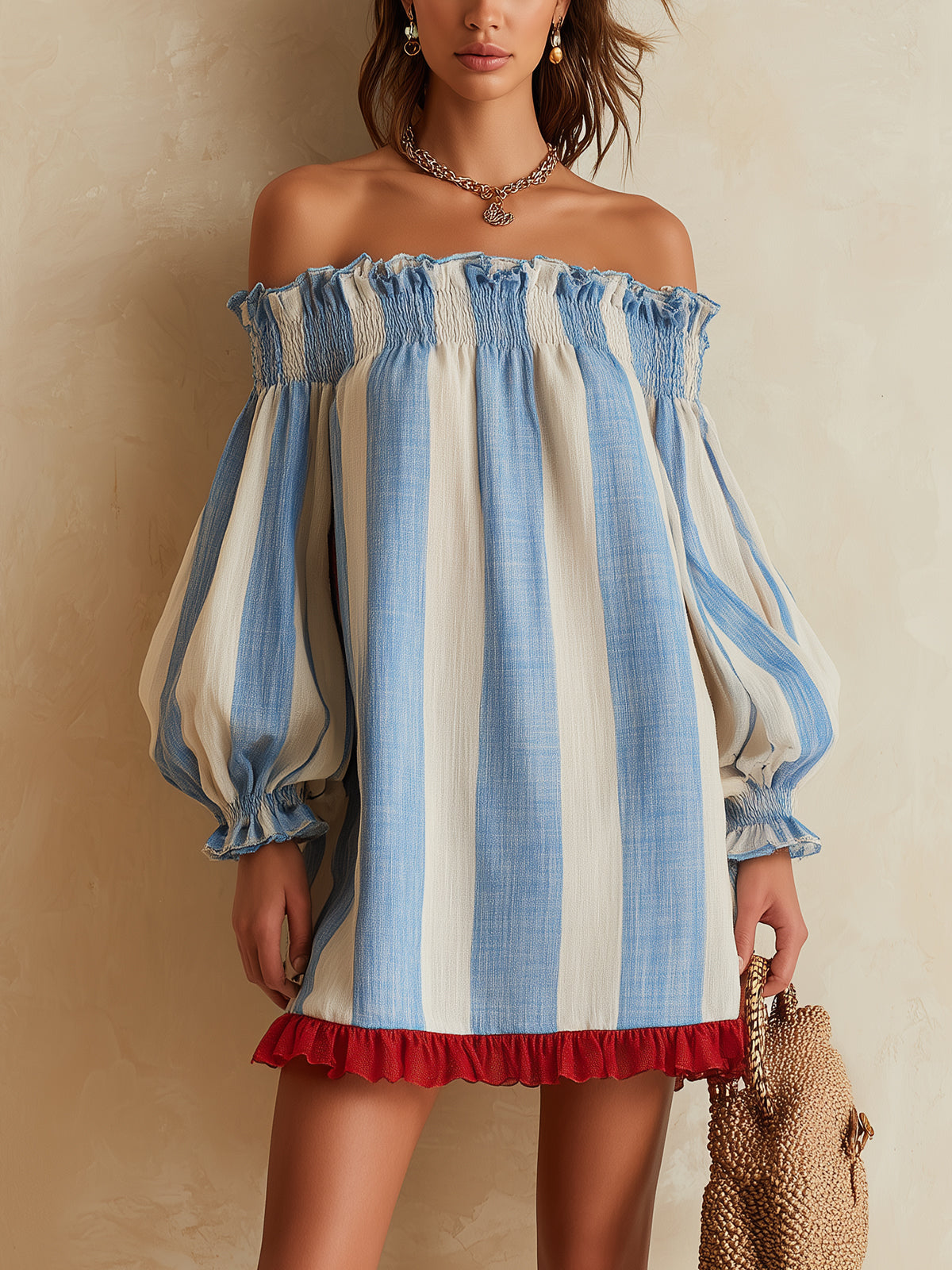 Ondine | Vestido mini de rayas azules con hombros descubiertos