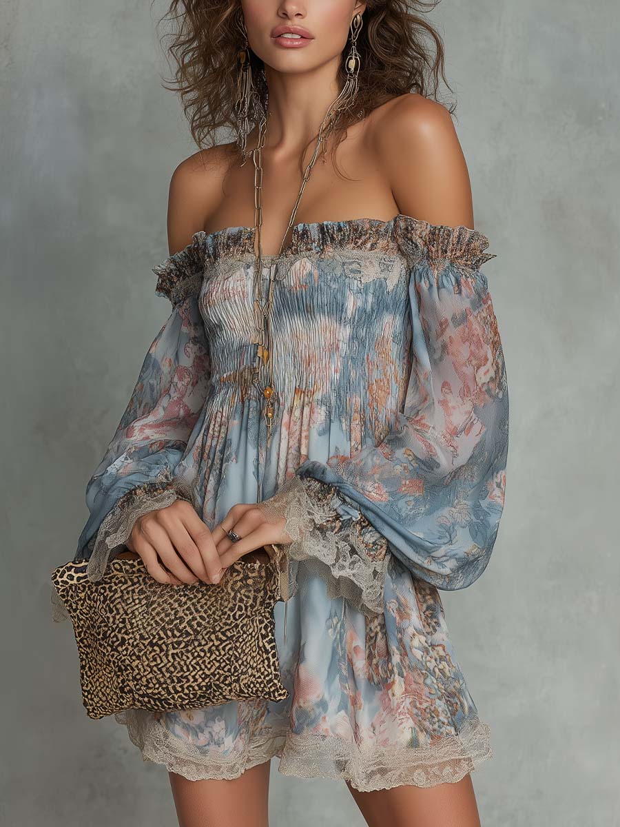 Romane | Vestido mini floral azul de hombros descubiertos