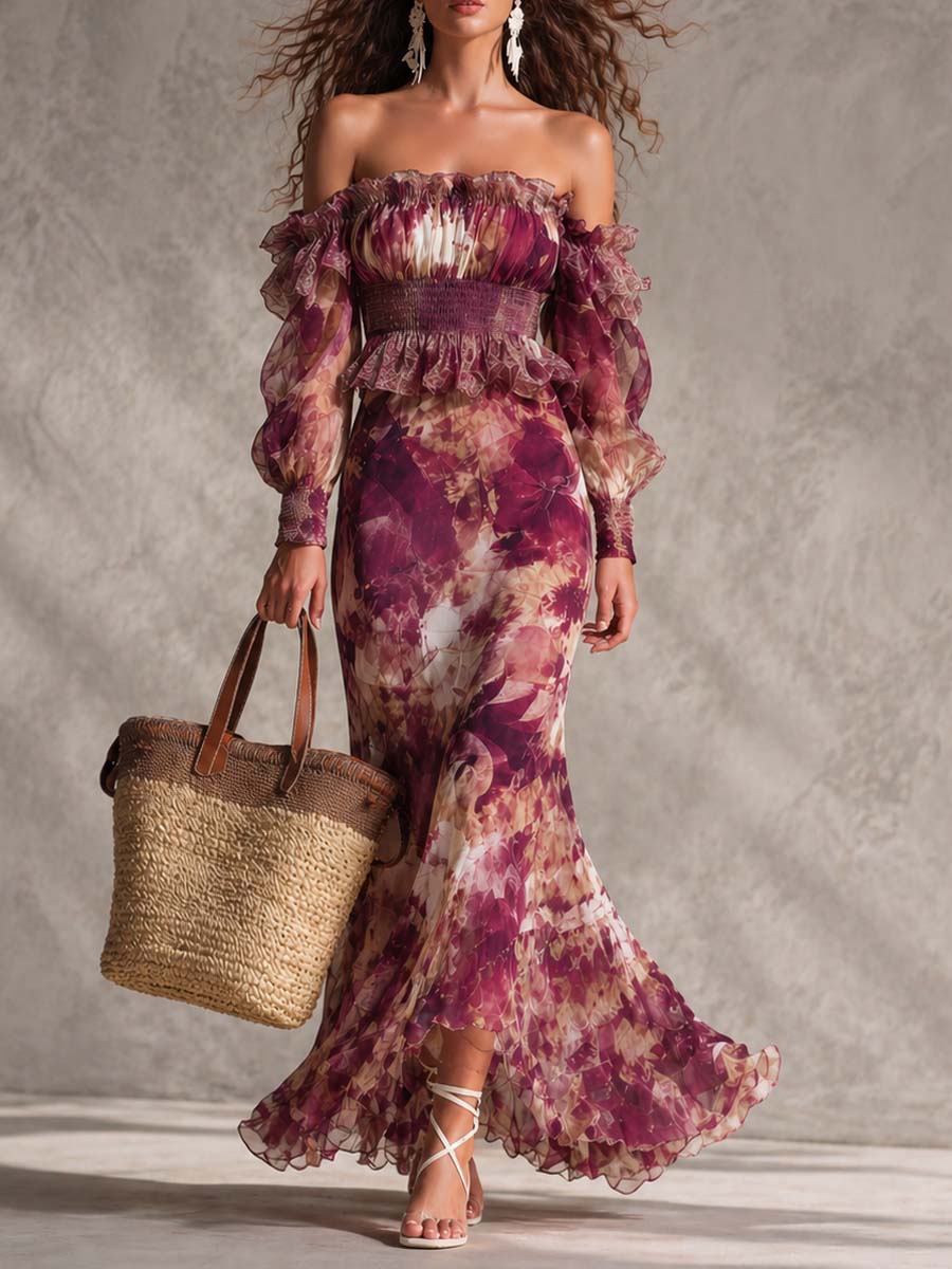 Vestido Maxi Rosa en Chiffon con Hombros Descubiertos