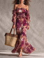 Vestido Maxi Rosa en Chiffon con Hombros Descubiertos