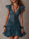 Delphine | Vestido mini de encaje y gasa azul con volantes