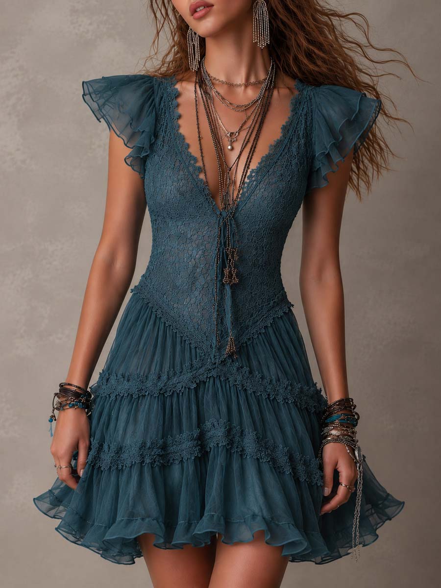 Delphine | Vestido mini de encaje y gasa azul con volantes
