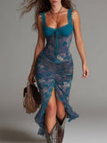 Vestido Midi Azul Floral Estilo Pintura al Óleo con Encaje