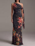 Vestido Maxi Negro Plisado en Chiffon con Un Solo Hombro