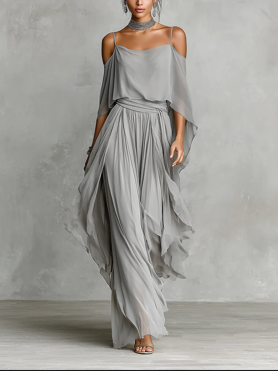 Conjunto Gris en Chiffon de Camiseta Fluida y Pantalón