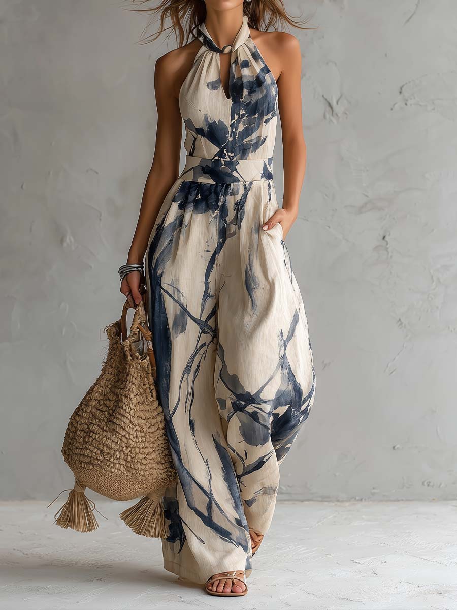 Mono Beige de Escote Halter con Estampado Tinta y Bolsillos