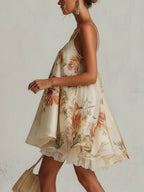 Blanche | Vestido mini beige de organza floral con ribete de encaje