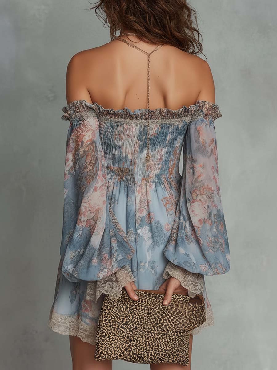Romane | Vestido mini floral azul de hombros descubiertos