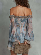 Romane | Vestido mini floral azul de hombros descubiertos