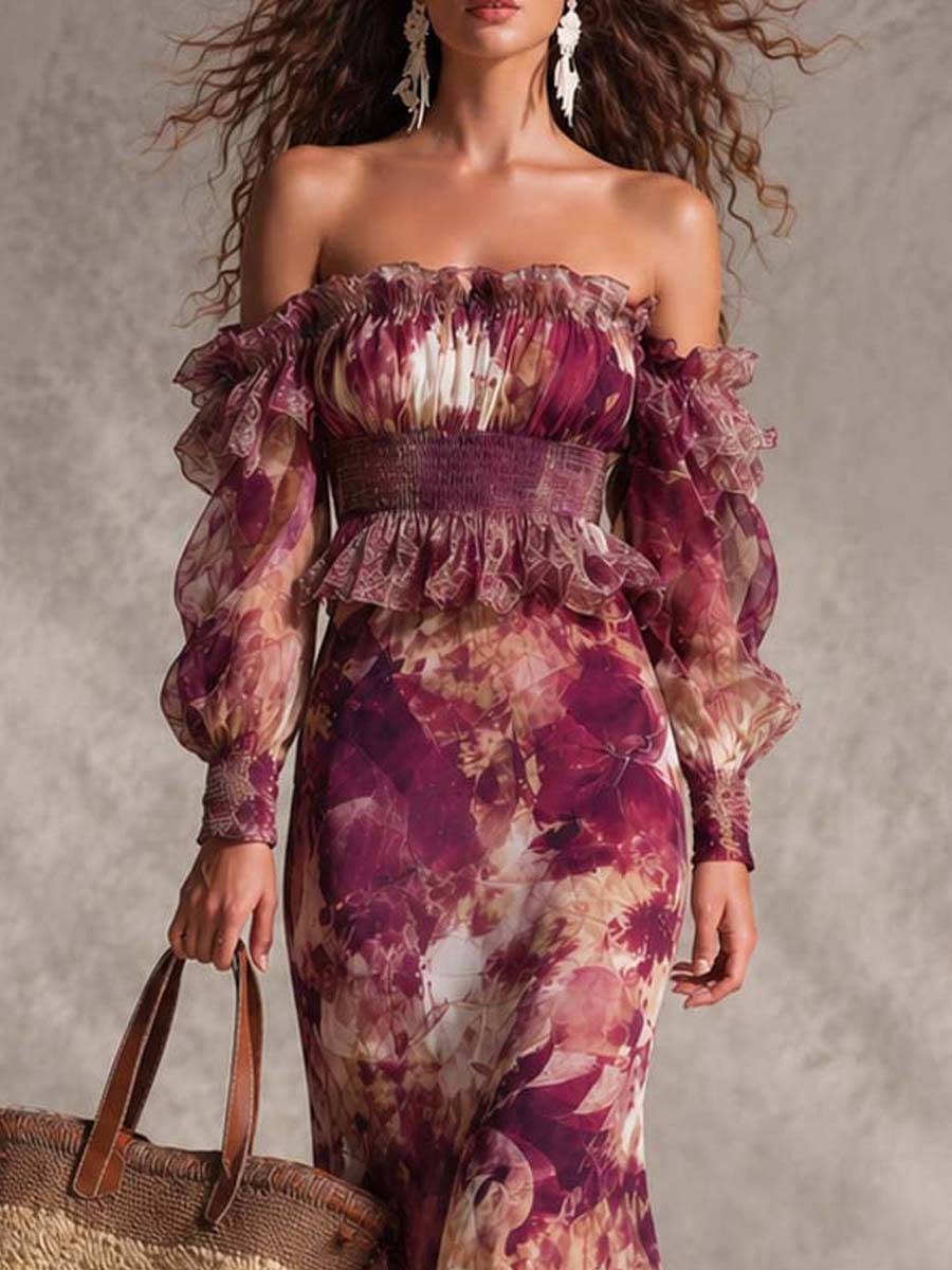 Vestido Maxi Rosa en Chiffon con Hombros Descubiertos