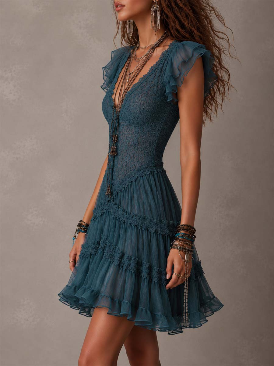Delphine | Vestido mini de encaje y gasa azul con volantes