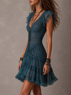 Delphine | Vestido mini de encaje y gasa azul con volantes