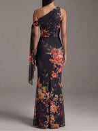 Vestido Maxi Negro Plisado en Chiffon con Un Solo Hombro