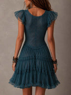 Delphine | Vestido mini de encaje y gasa azul con volantes