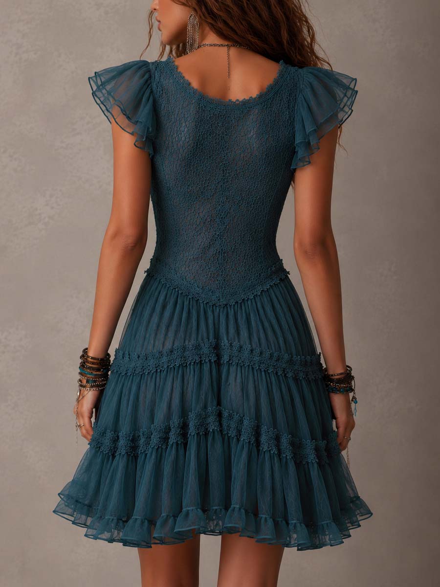 Delphine | Vestido mini de encaje y gasa azul con volantes