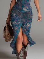 Vestido Midi Azul Floral Estilo Pintura al Óleo con Encaje