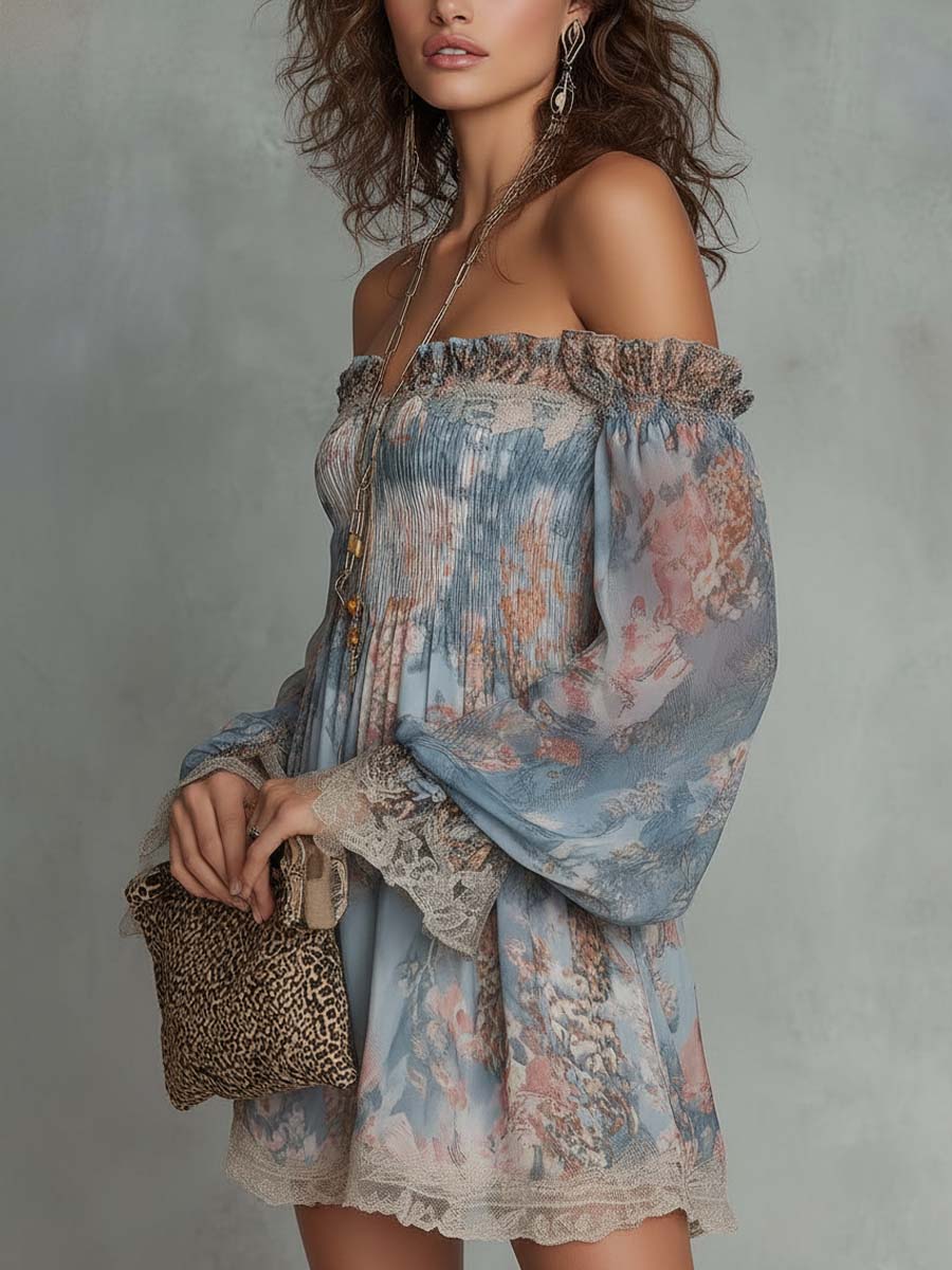 Romane | Vestido mini floral azul de hombros descubiertos