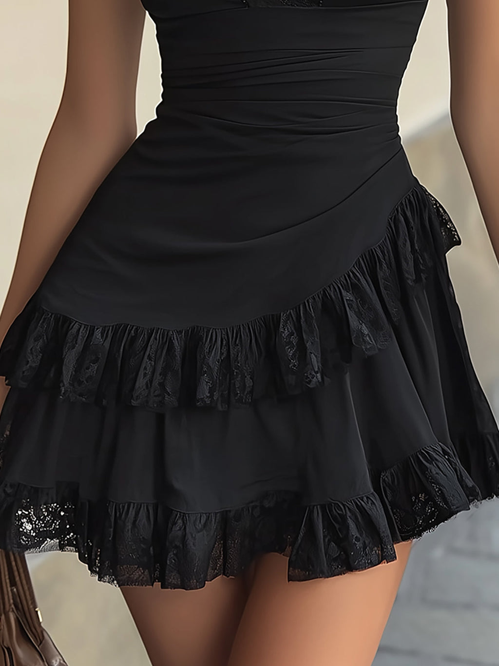 Estelle | Vestido mini negro de encaje con volantes y escote en V