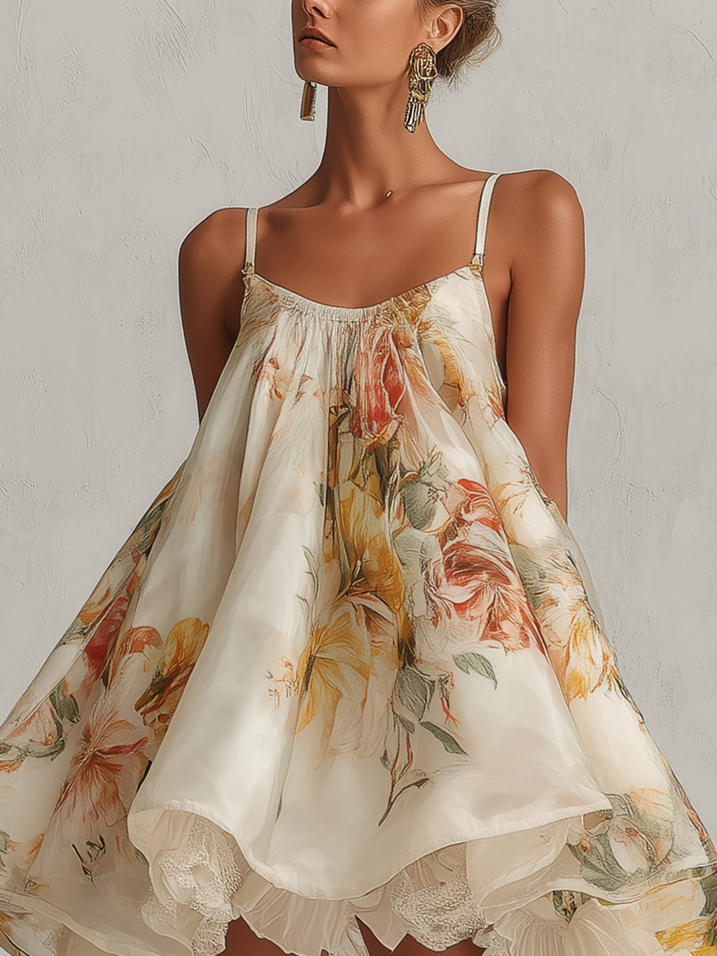 Blanche | Vestido mini beige de organza floral con ribete de encaje