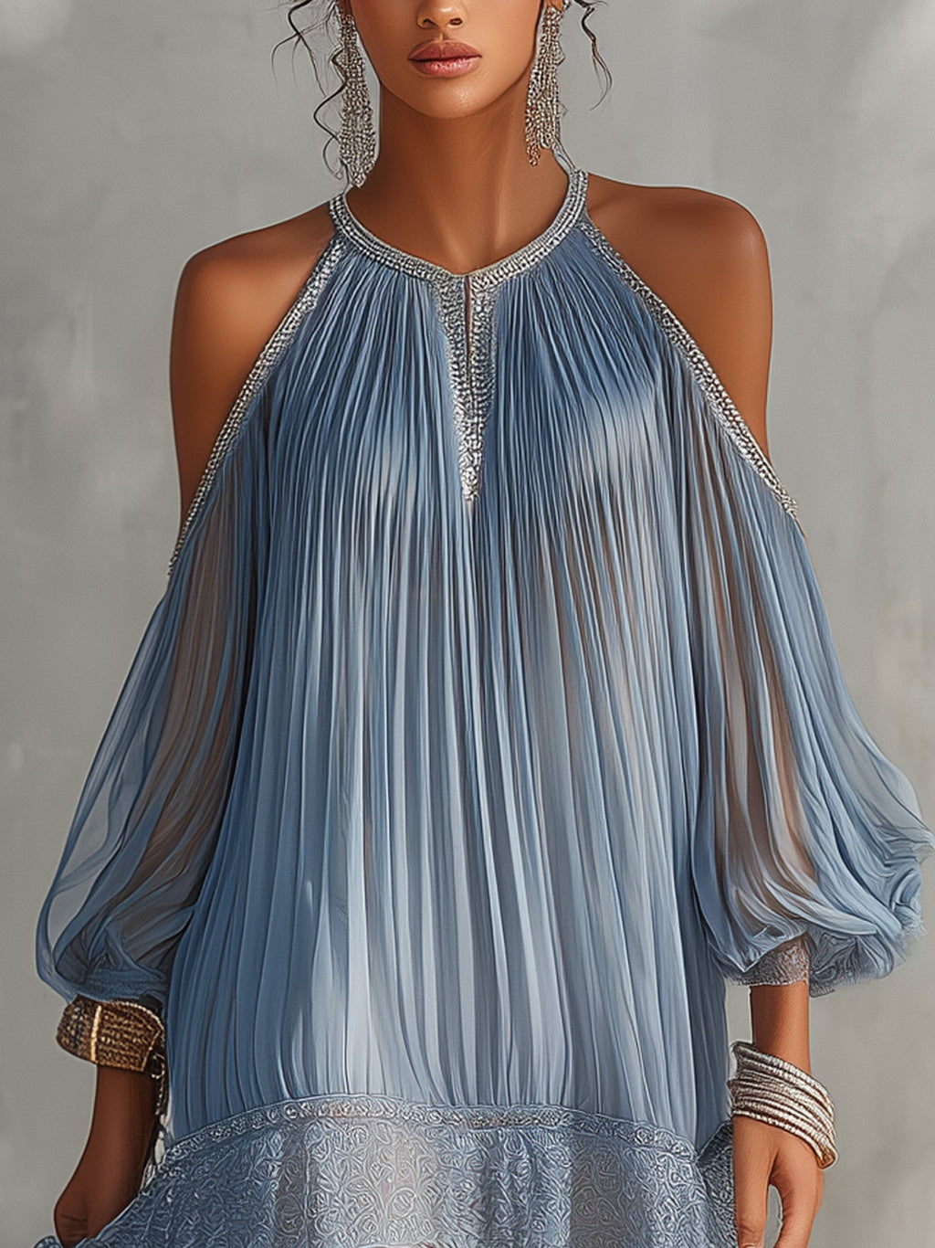 Séraphine | Vestido mini azul de hombros descubiertos con bajo de encaje