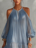 Séraphine | Vestido mini azul de hombros descubiertos con bajo de encaje