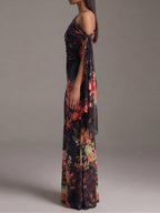Vestido Maxi Negro Plisado en Chiffon con Un Solo Hombro