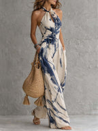Mono Beige de Escote Halter con Estampado Tinta y Bolsillos