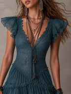 Delphine | Vestido mini de encaje y gasa azul con volantes