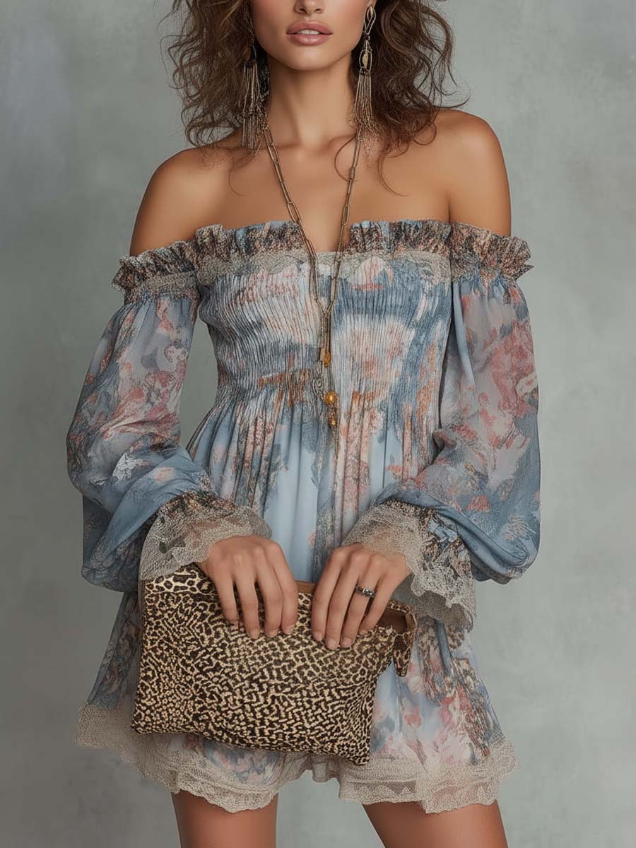 Romane | Vestido mini floral azul de hombros descubiertos