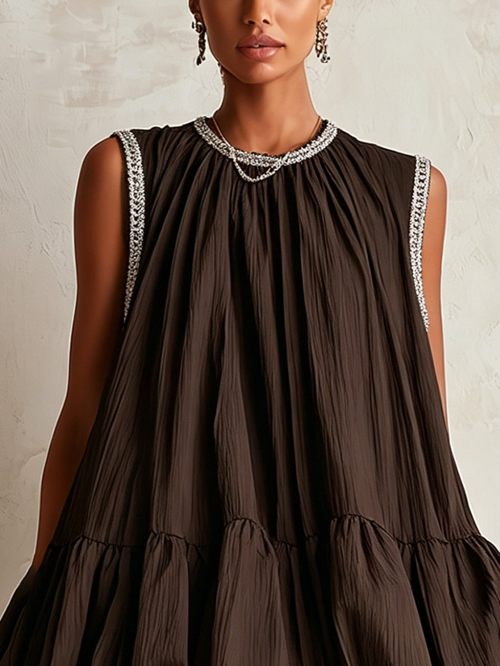 Colette | Vestido mini marrón sin mangas de dobladillo abullonado
