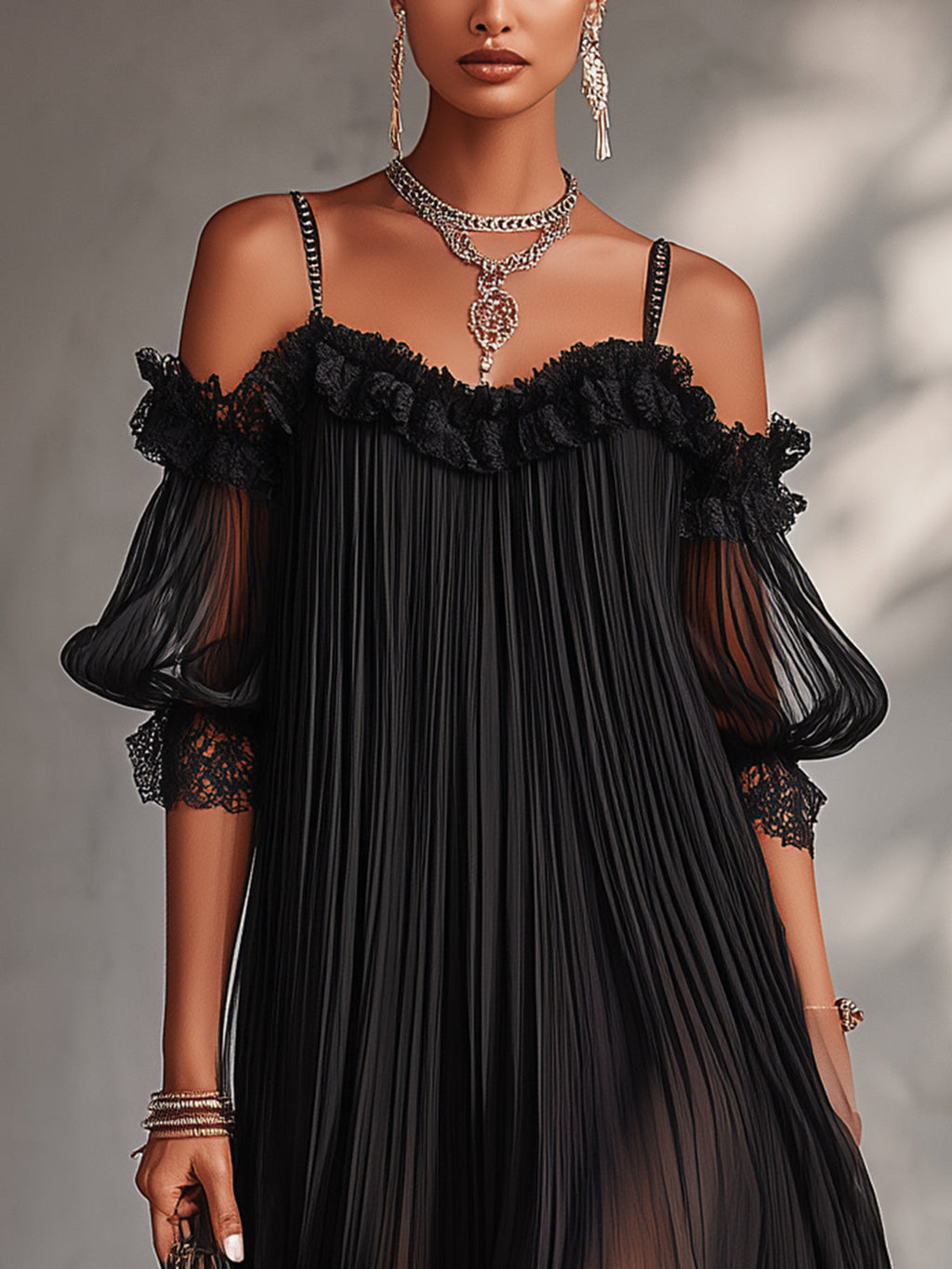 Camille | Vestido mini de gasa negra con hombros descubiertos y encaje