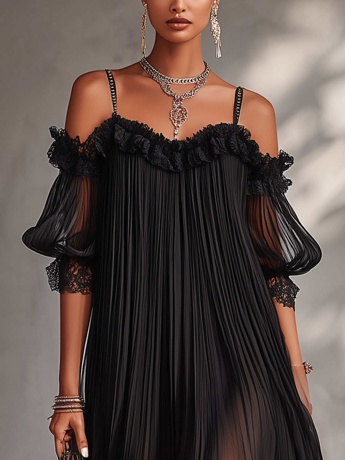 Camille | Vestido mini de gasa negra con hombros descubiertos y encaje