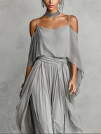 Conjunto Gris en Chiffon de Camiseta Fluida y Pantalón