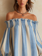 Ondine | Vestido mini de rayas azules con hombros descubiertos