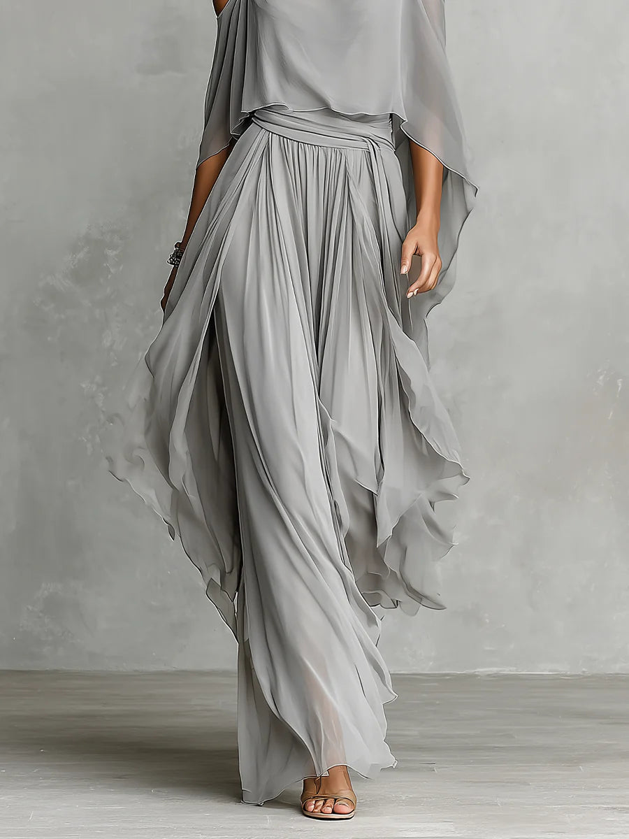 Conjunto Gris en Chiffon de Camiseta Fluida y Pantalón