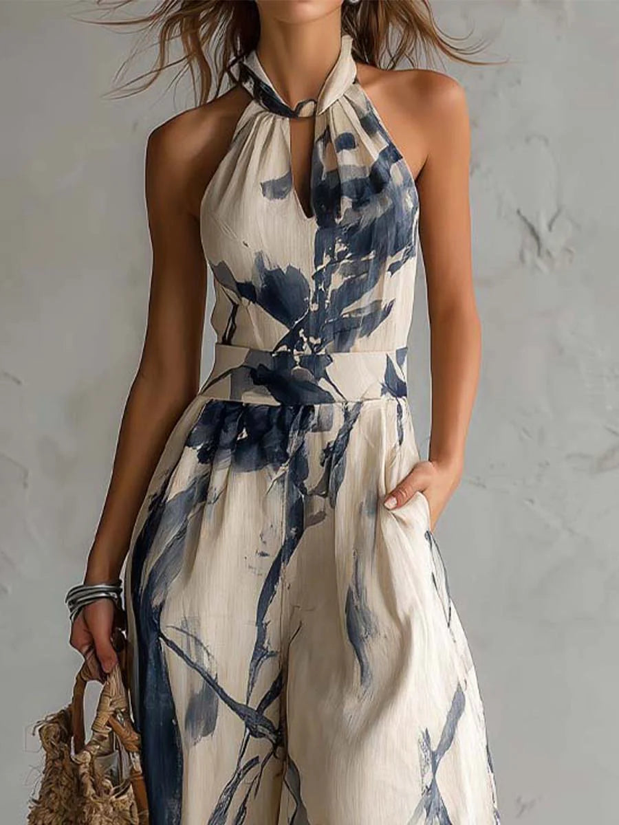 Mono Beige de Escote Halter con Estampado Tinta y Bolsillos