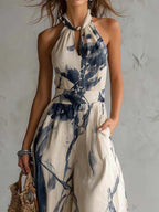 Mono Beige de Escote Halter con Estampado Tinta y Bolsillos