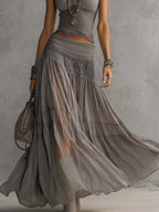 Top Grigio in Pizzo Trasparente con Pannelli e Set di Gonna Maxi Plissettata