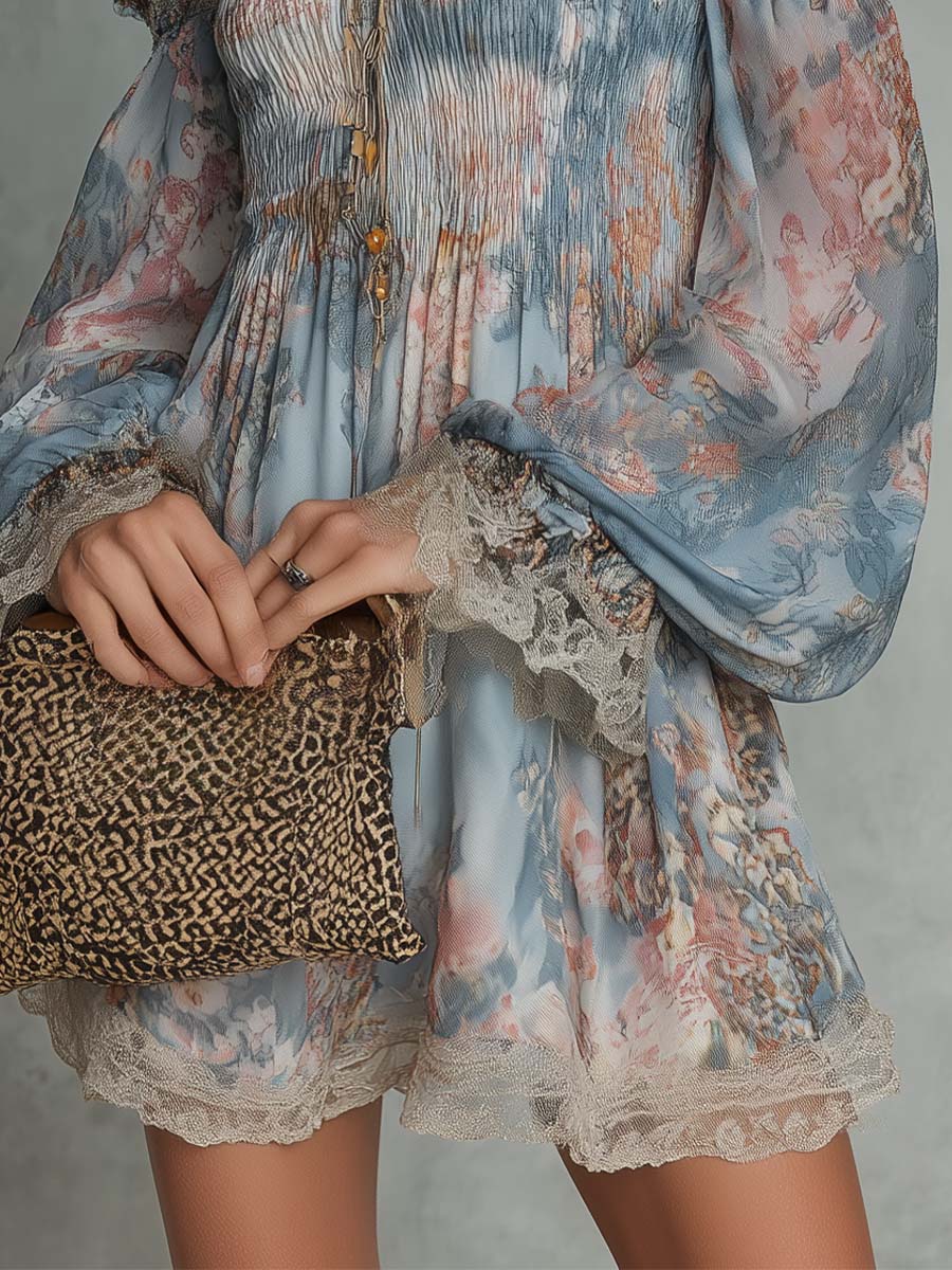 Romane | Vestido mini floral azul de hombros descubiertos