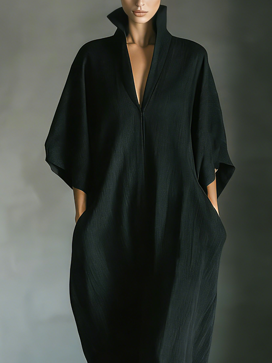 Costanza | Vestido largo negro con mangas kimono y escote en V