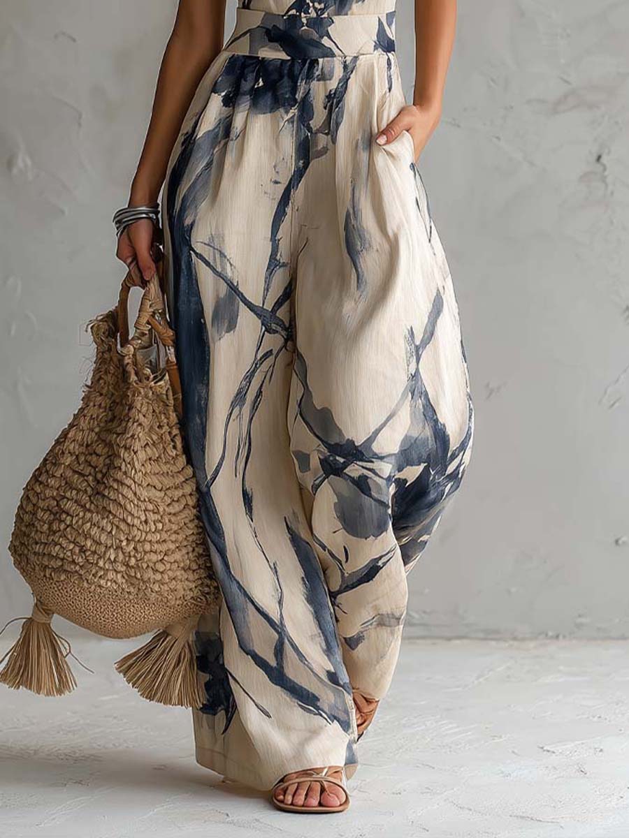 Mono Beige de Escote Halter con Estampado Tinta y Bolsillos