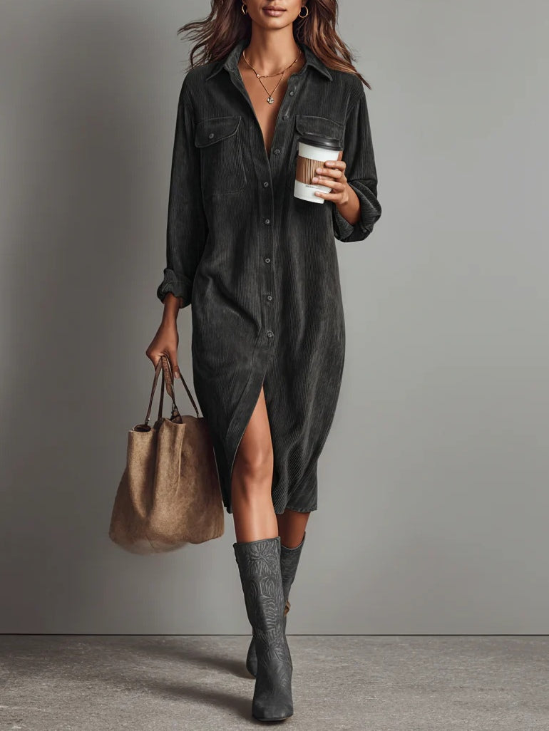 Corduroy Midi Dress with Chest Pockets