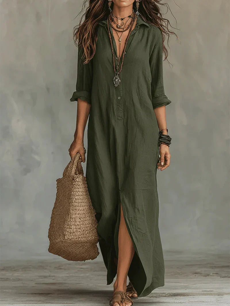 Céline™ | Vestido maxi negro amplio con botones