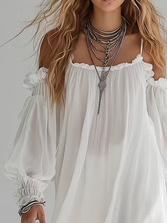 Mélusine | Vestido mini blanco fluido de estilo bohemio con hombros descubiertos