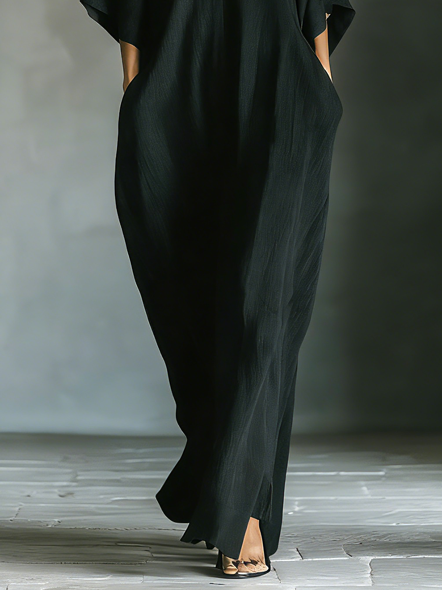 Costanza | Vestido largo negro con mangas kimono y escote en V