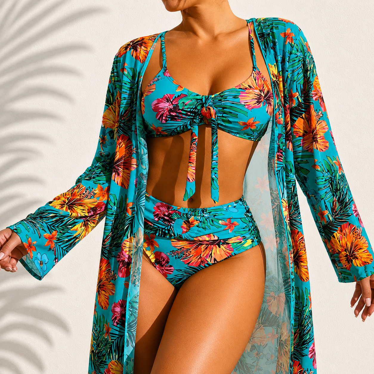 Marie | Bikini de 3 piezas con kimono y estampado tropical