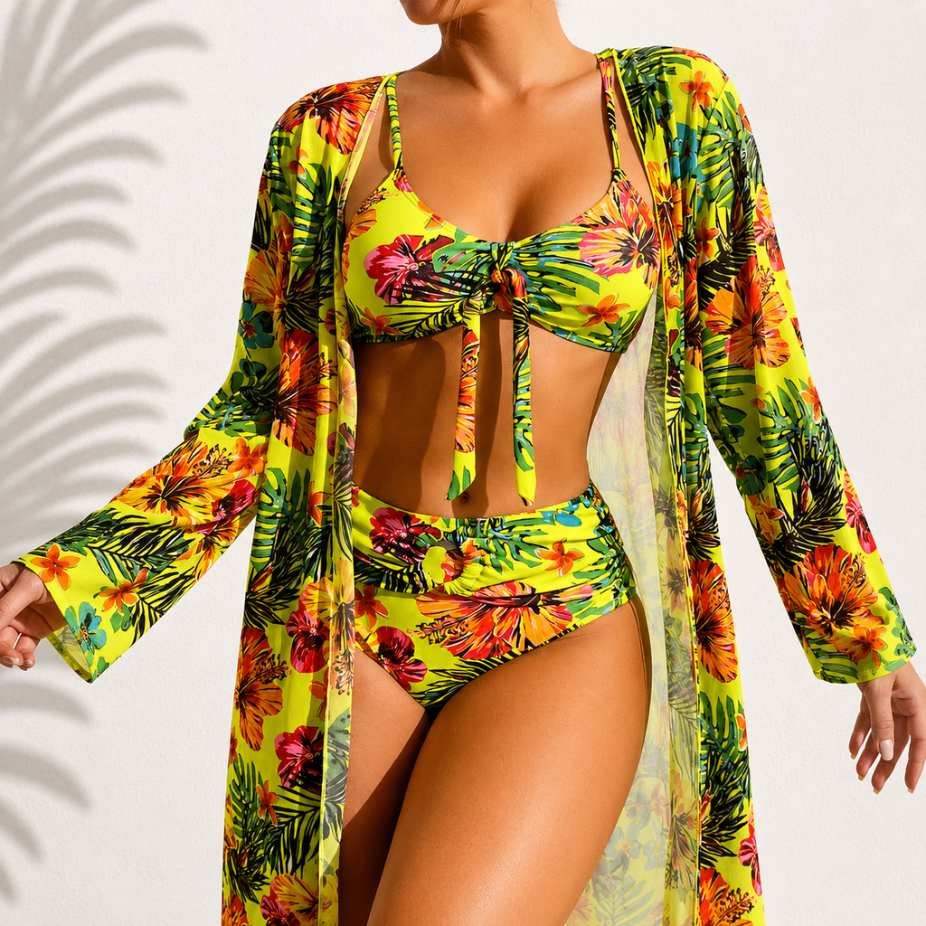 Marie | Bikini de 3 piezas con kimono y estampado tropical