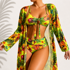 Marie | Bikini de 3 piezas con kimono y estampado tropical