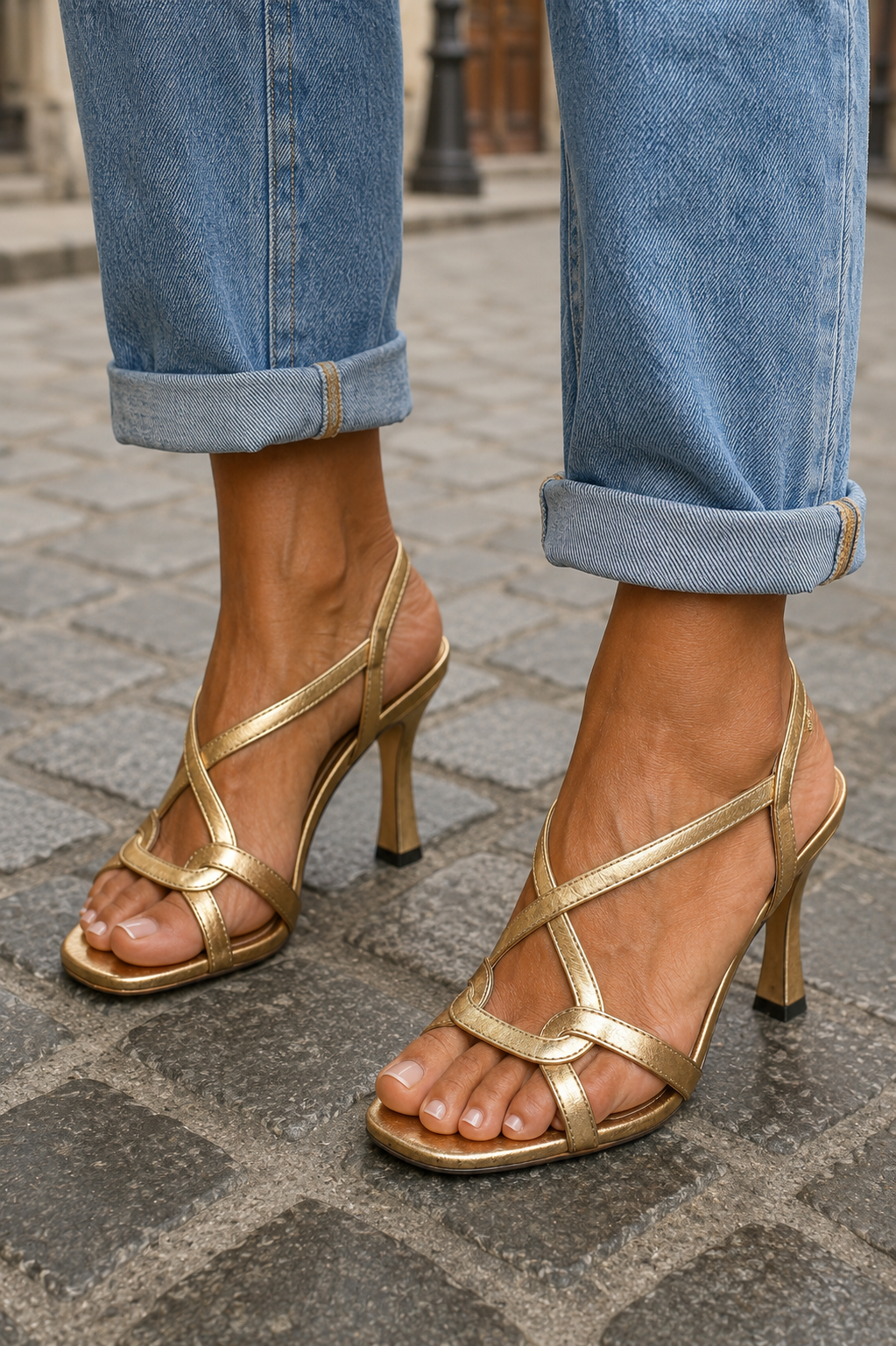 Cassie | Sandalias de tacón doradas con tiras cruzadas